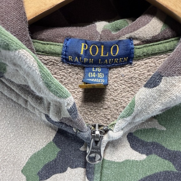 RARE Polo Ralph Lauren Army Green Camo Hoodie Womens Sz L Sweatshirt Fleece - Picture 2 of 11